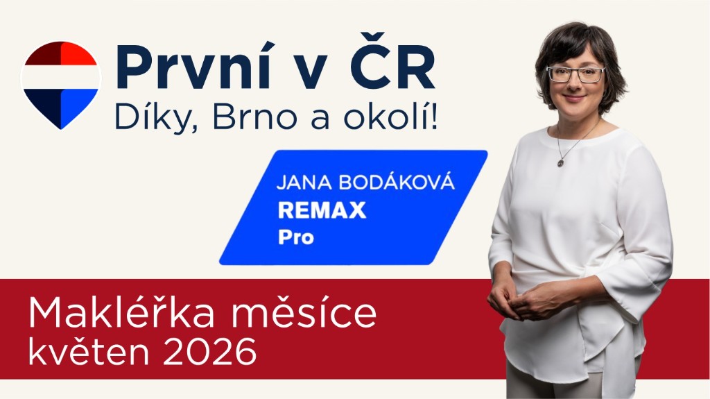 První v ČR — Jana Bodáková, REMAX Pro. Makléřka měsíce květen 2026. Díky, Brno a okolí!